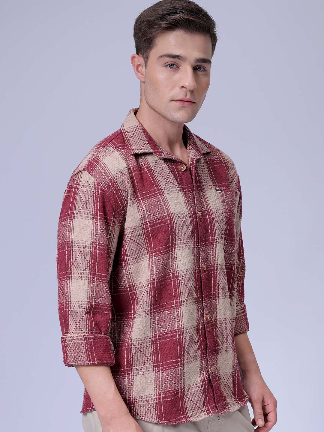 Men's Maroon Relaxed Fit Checked Casual Shirt