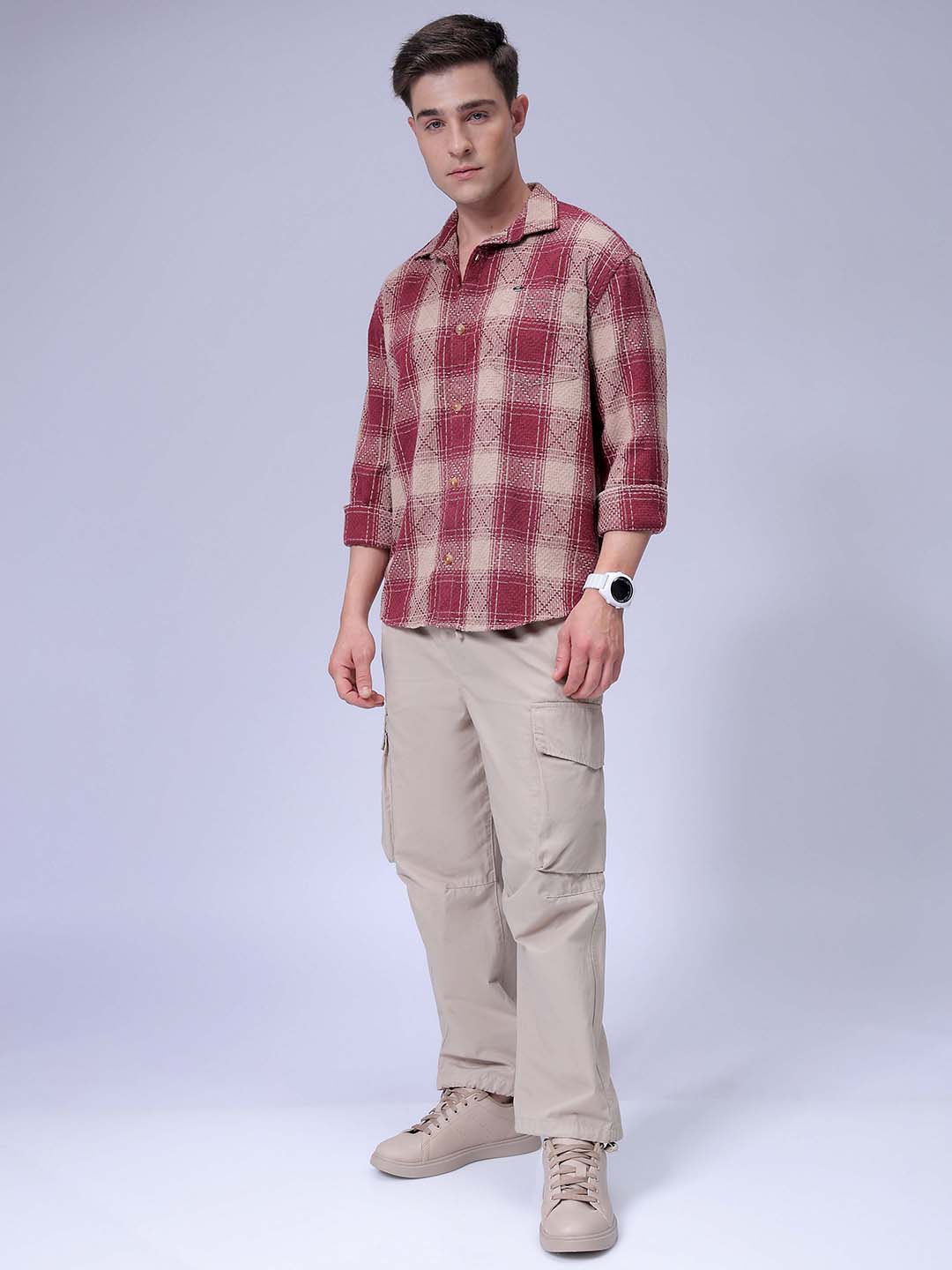Men's Maroon Relaxed Fit Checked Casual Shirt