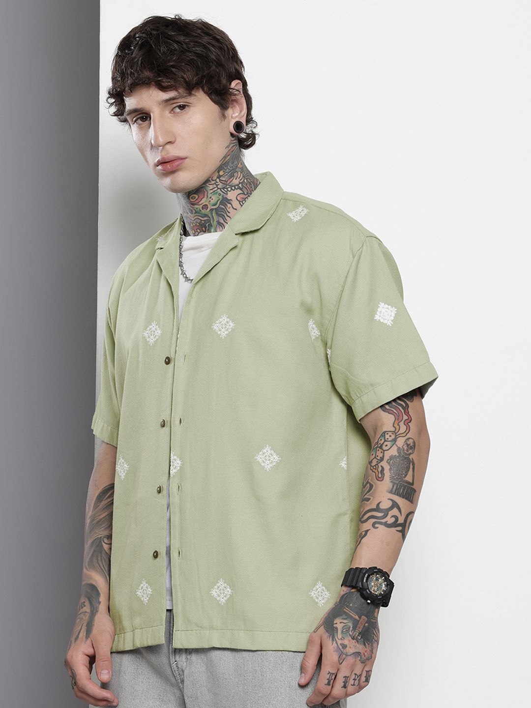 Men's Green Relaxed Fit Embroided  Resort Wear Shirt
