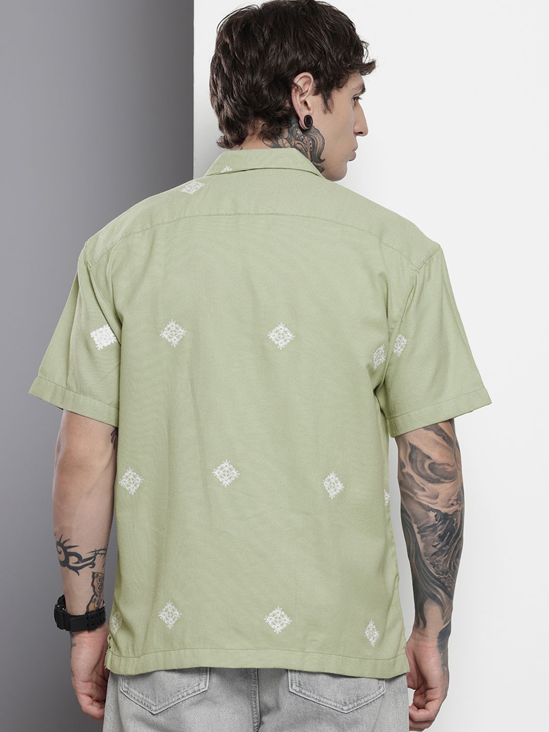 Men's Green Relaxed Fit Embroided  Resort Wear Shirt
