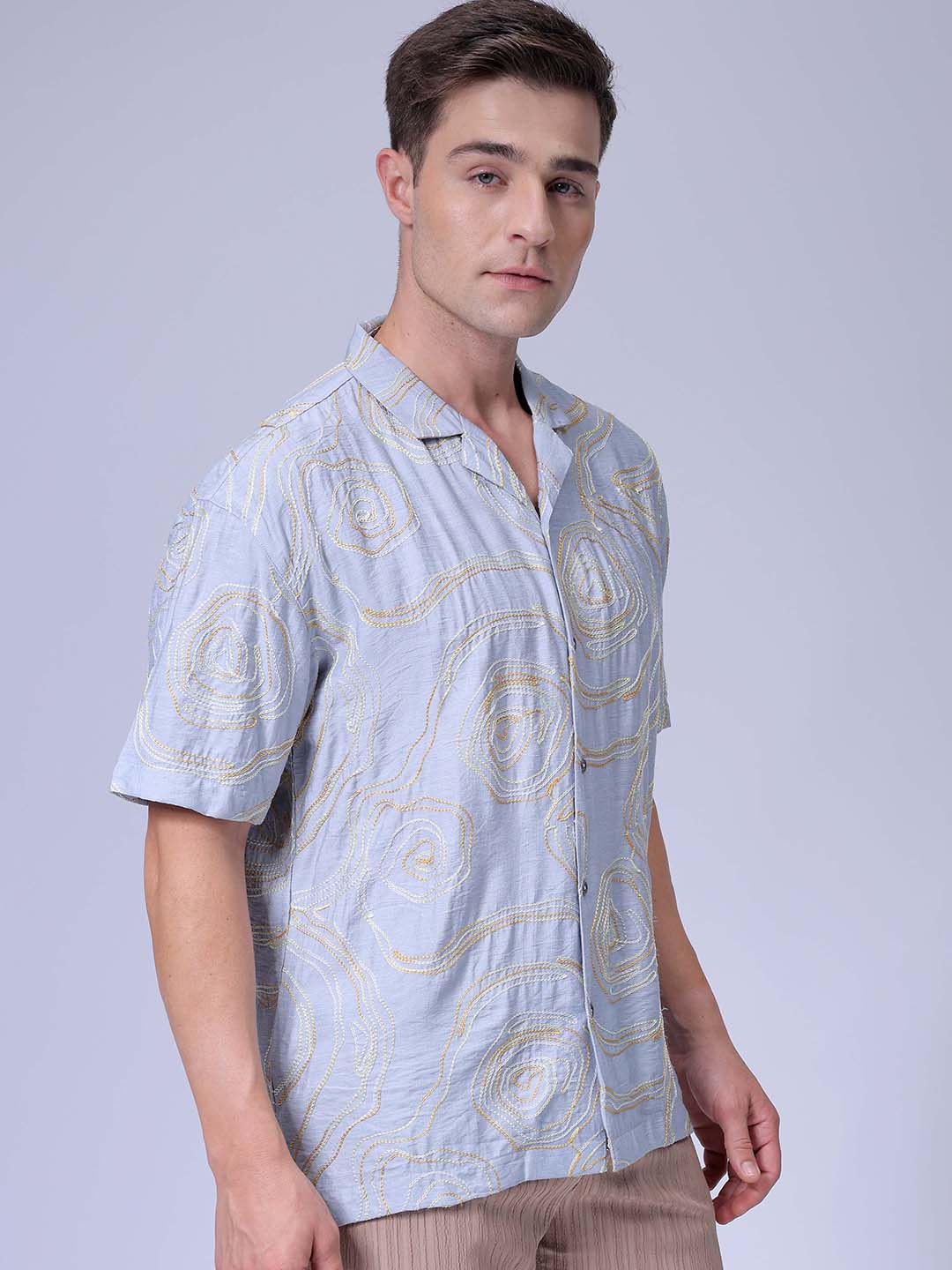 Men's Blue Relaxed Fit Embroided Resort Wear Shirt
