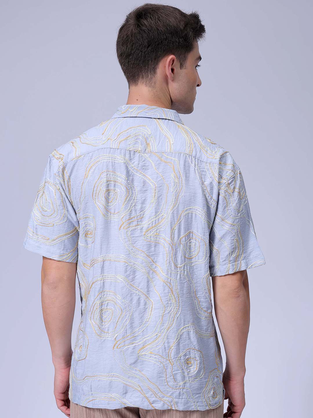 Men's Blue Relaxed Fit Embroided Resort Wear Shirt