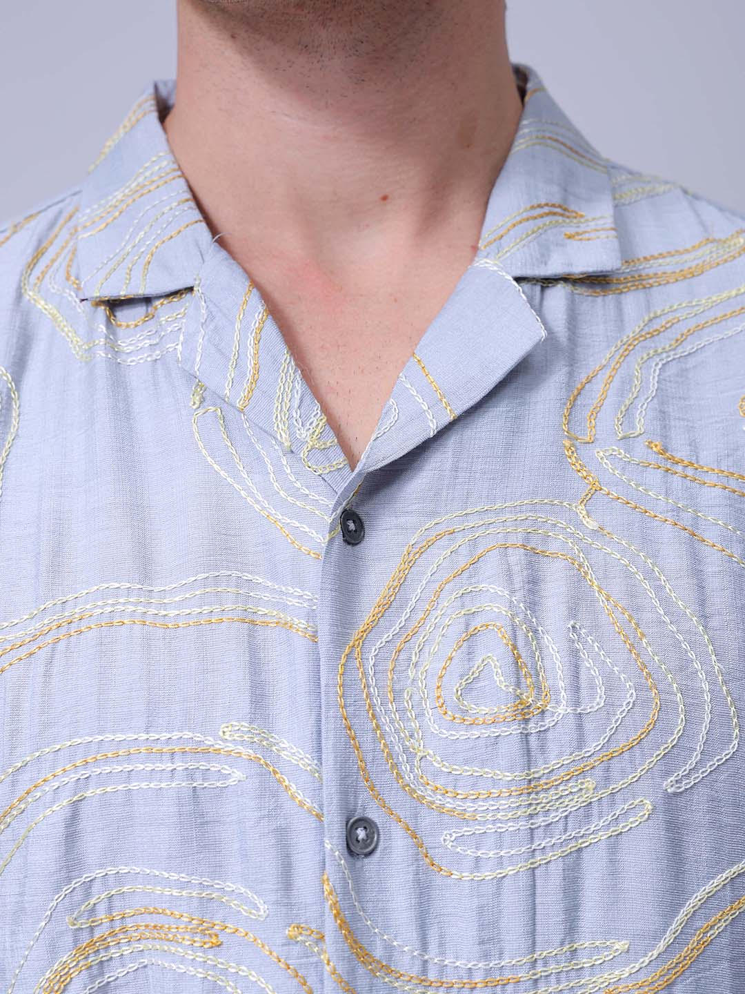 Men's Blue Relaxed Fit Embroided Resort Wear Shirt