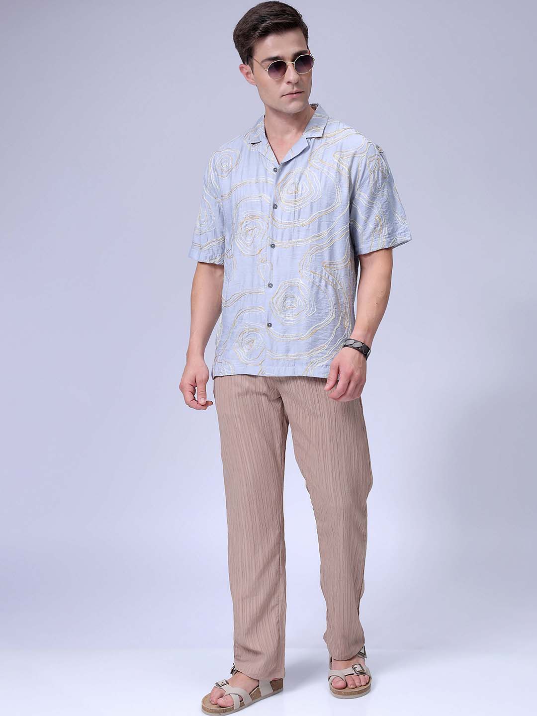 Men's Blue Relaxed Fit Embroided Resort Wear Shirt