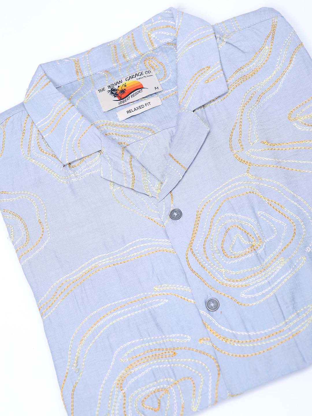 Men's Blue Relaxed Fit Embroided Resort Wear Shirt
