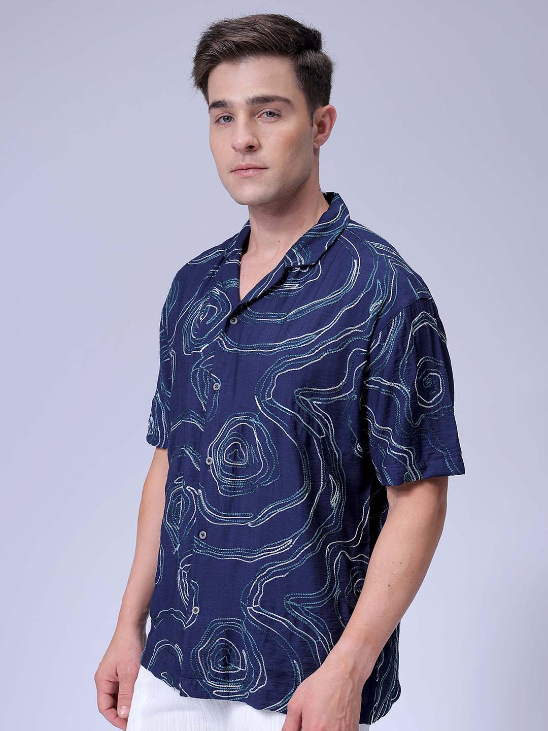 Men's Navy Blue Relaxed Fit Embroided Resort Wear Shirt