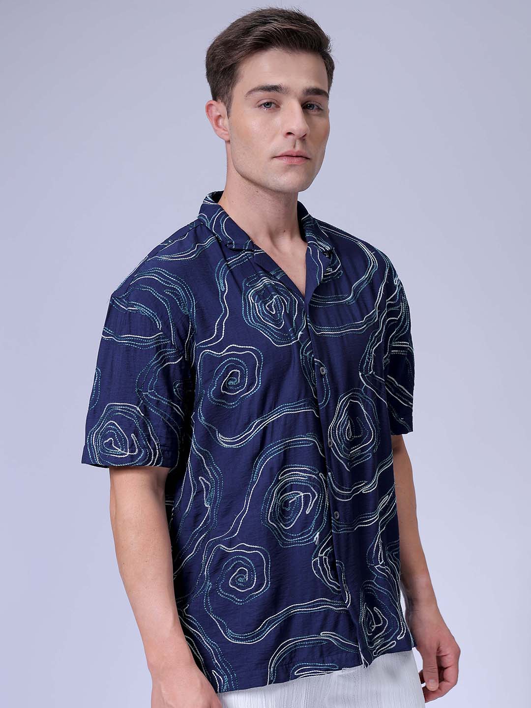 Men's Navy Blue Relaxed Fit Embroided Resort Wear Shirt