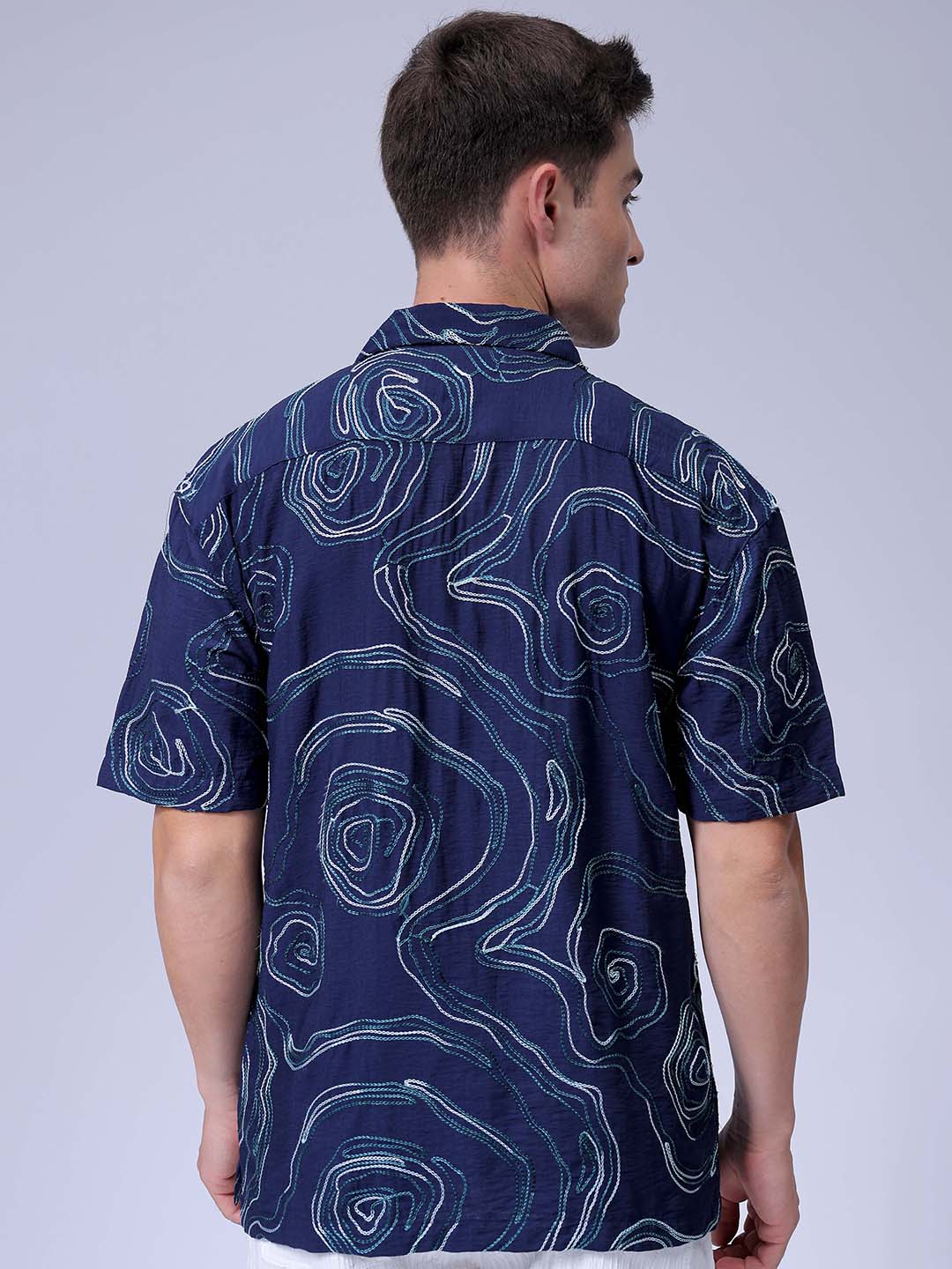 Men's Navy Blue Relaxed Fit Embroided Resort Wear Shirt