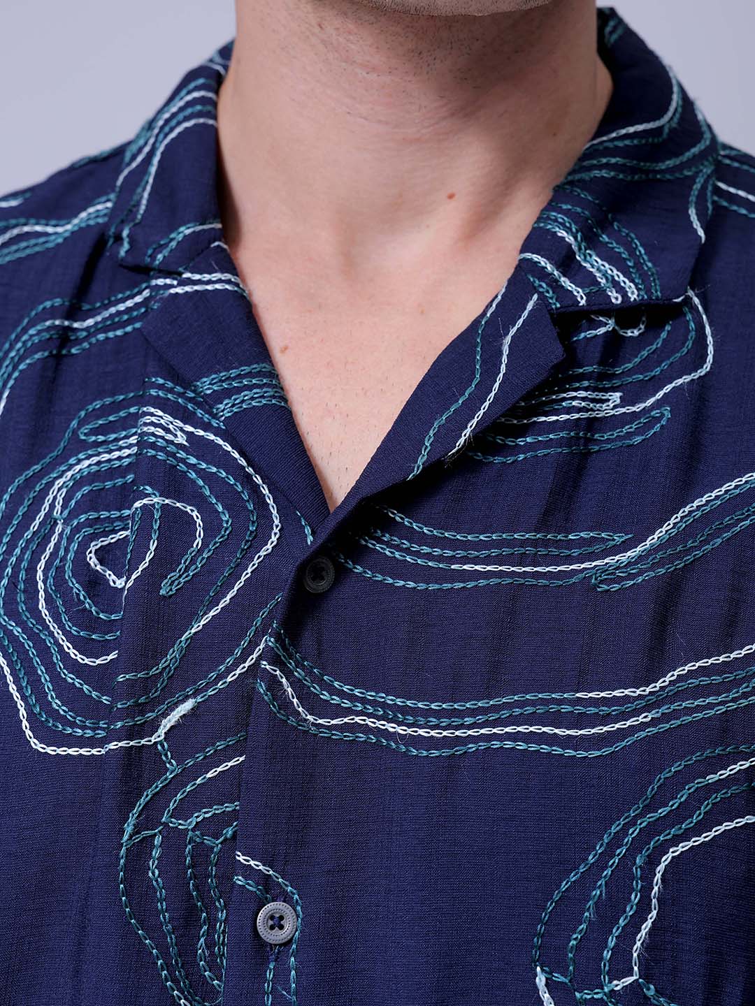 Men's Navy Blue Relaxed Fit Embroided Resort Wear Shirt