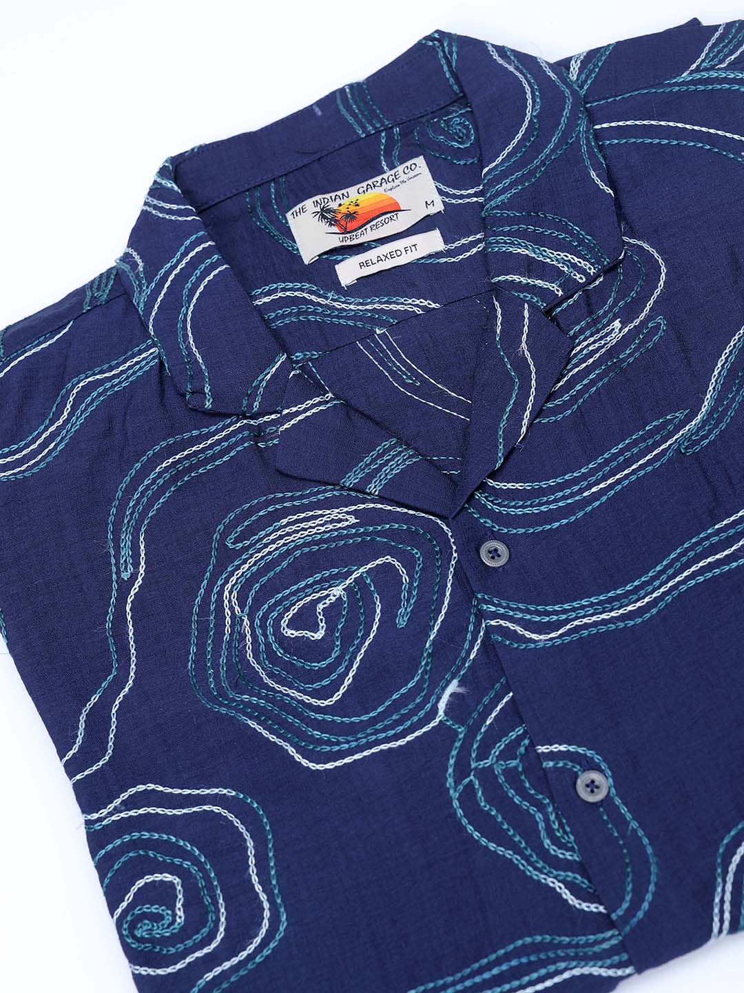 Men's Navy Blue Relaxed Fit Embroided Resort Wear Shirt