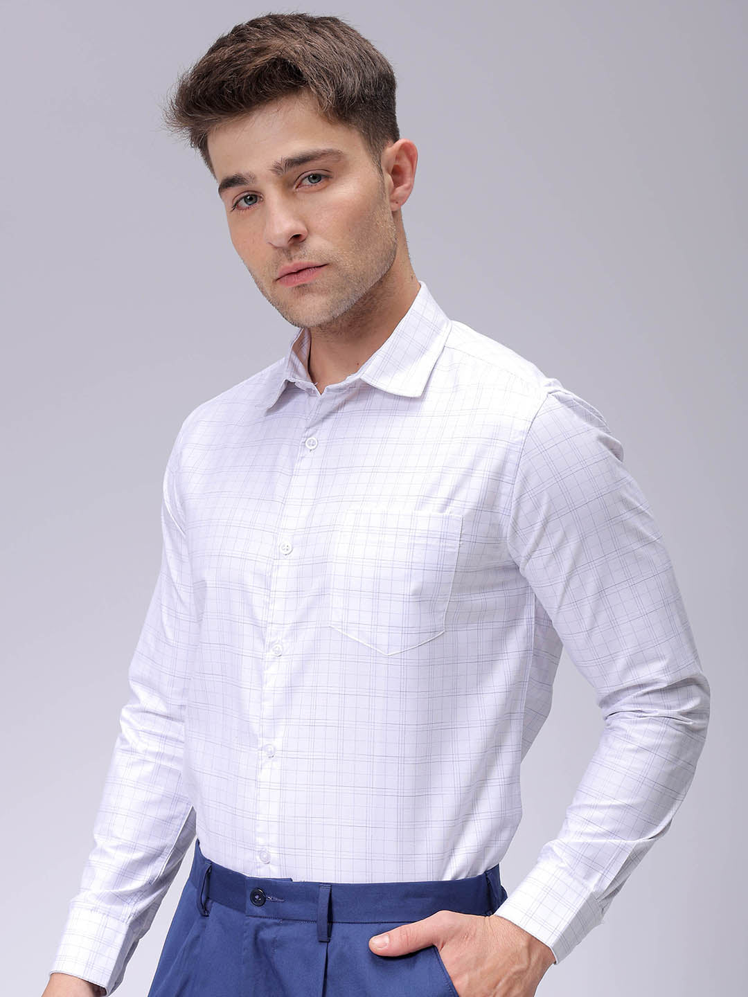 Men's White Slim Fit Checked Formal Shirt
