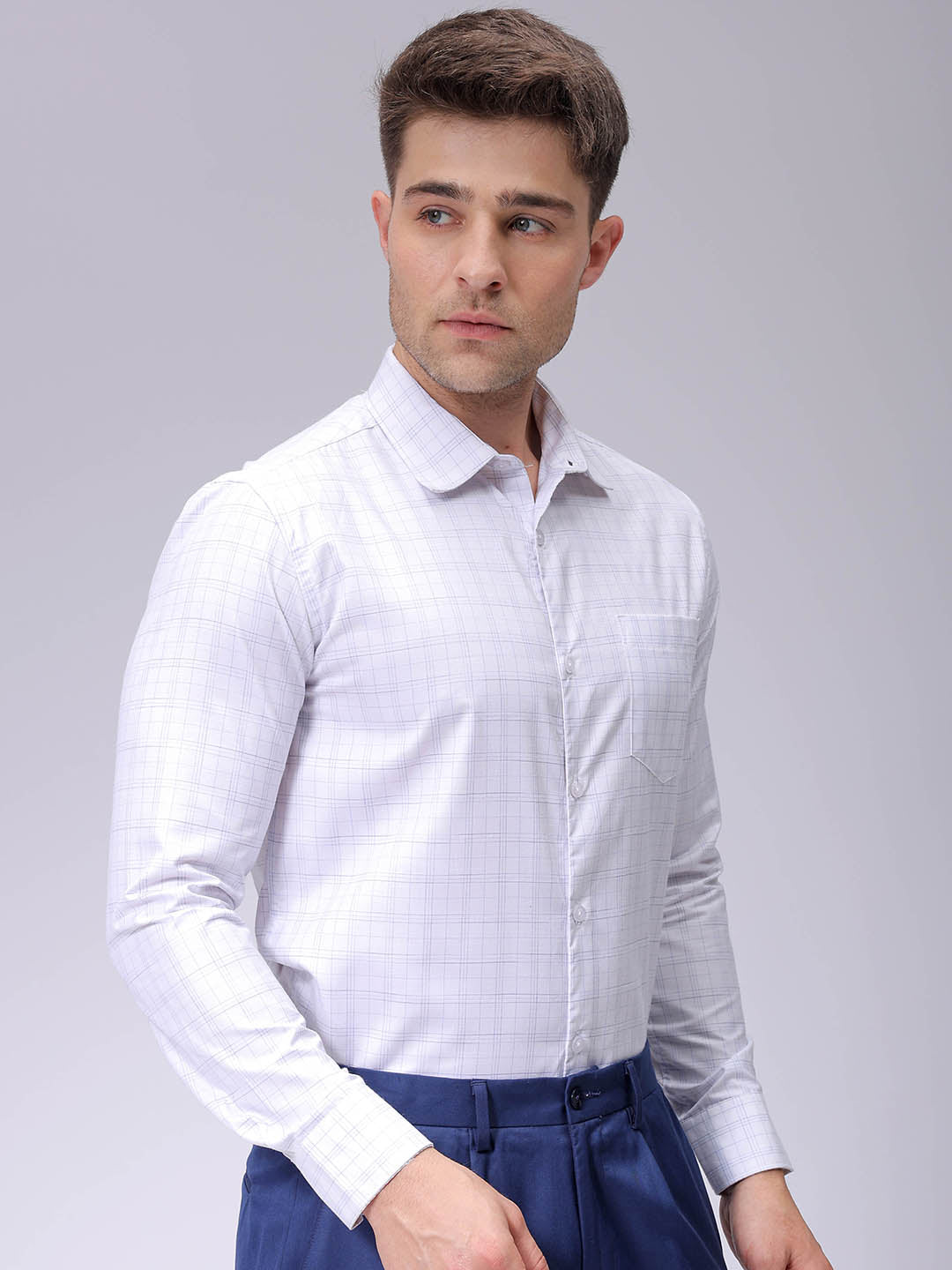 Men's White Slim Fit Checked Formal Shirt
