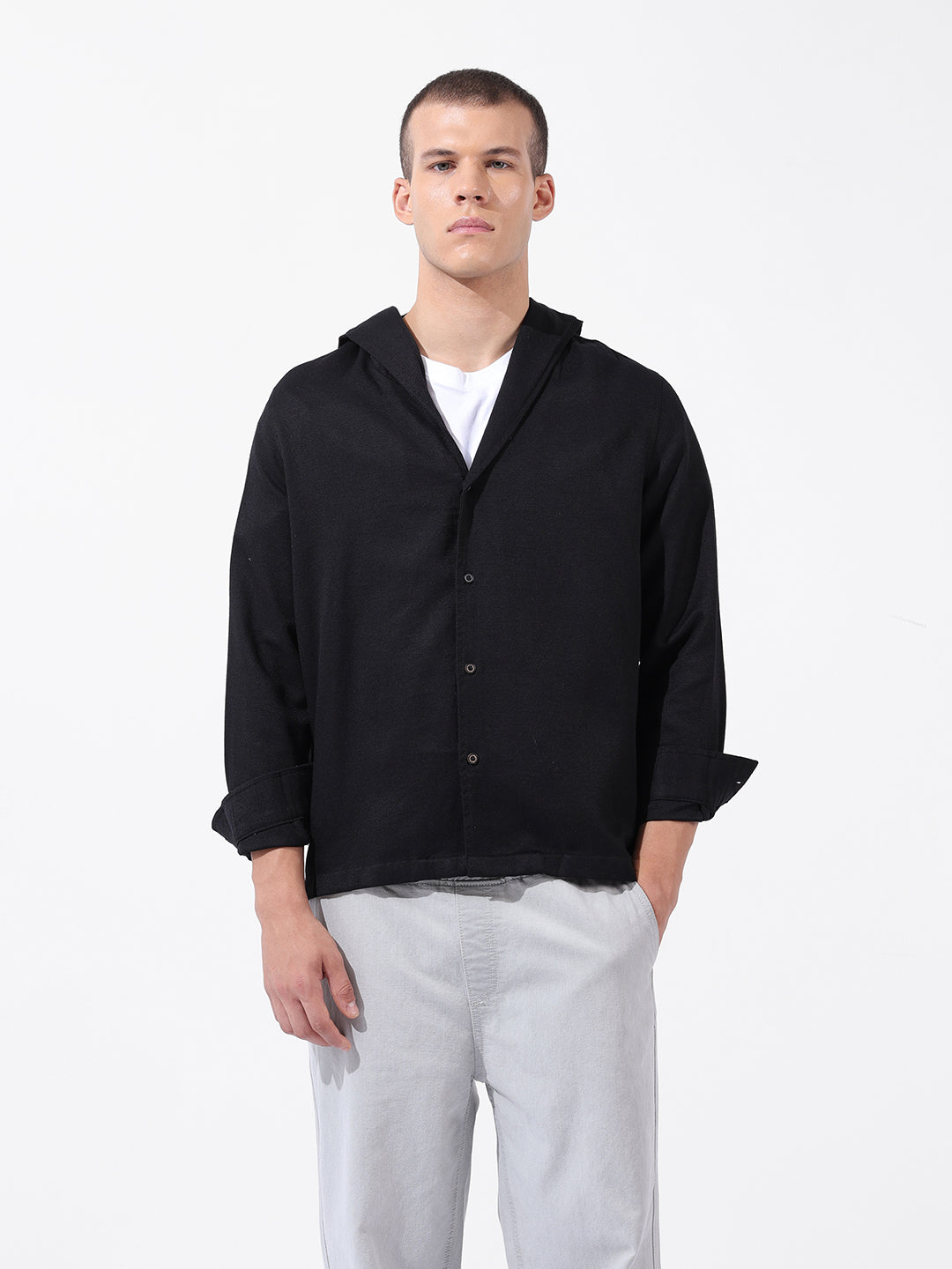 Men's Black Regular Fit Solid Bohemian Shirt