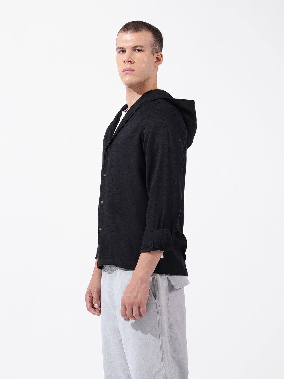 Men's Black Regular Fit Solid Bohemian Shirt