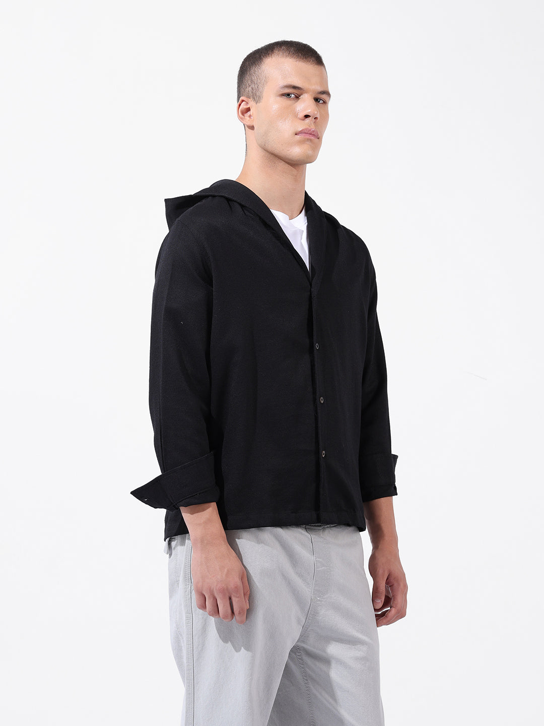 Men's Black Regular Fit Solid Bohemian Shirt