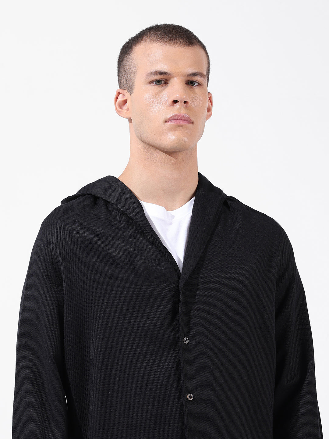 Men's Black Regular Fit Solid Bohemian Shirt