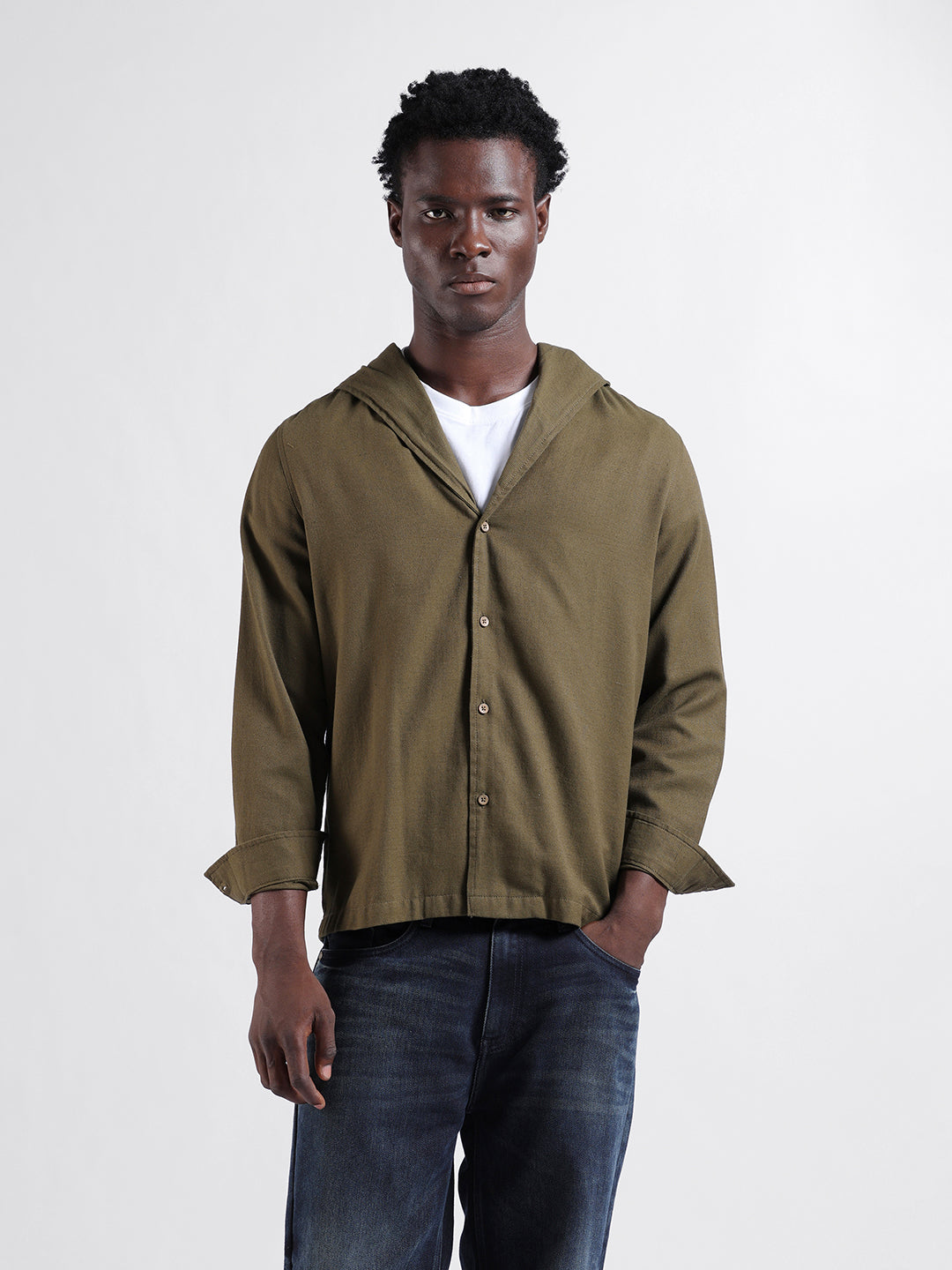 Men's Olive Regular Fit Solid Bohemian Shirt
