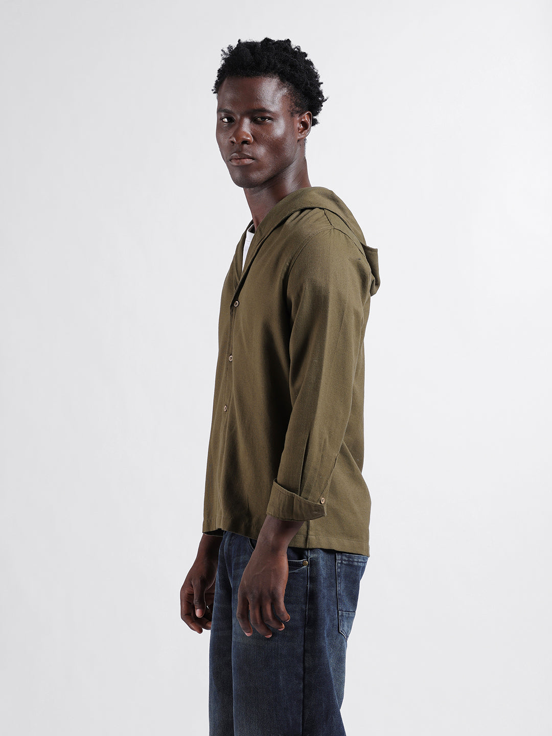 Men's Olive Regular Fit Solid Bohemian Shirt