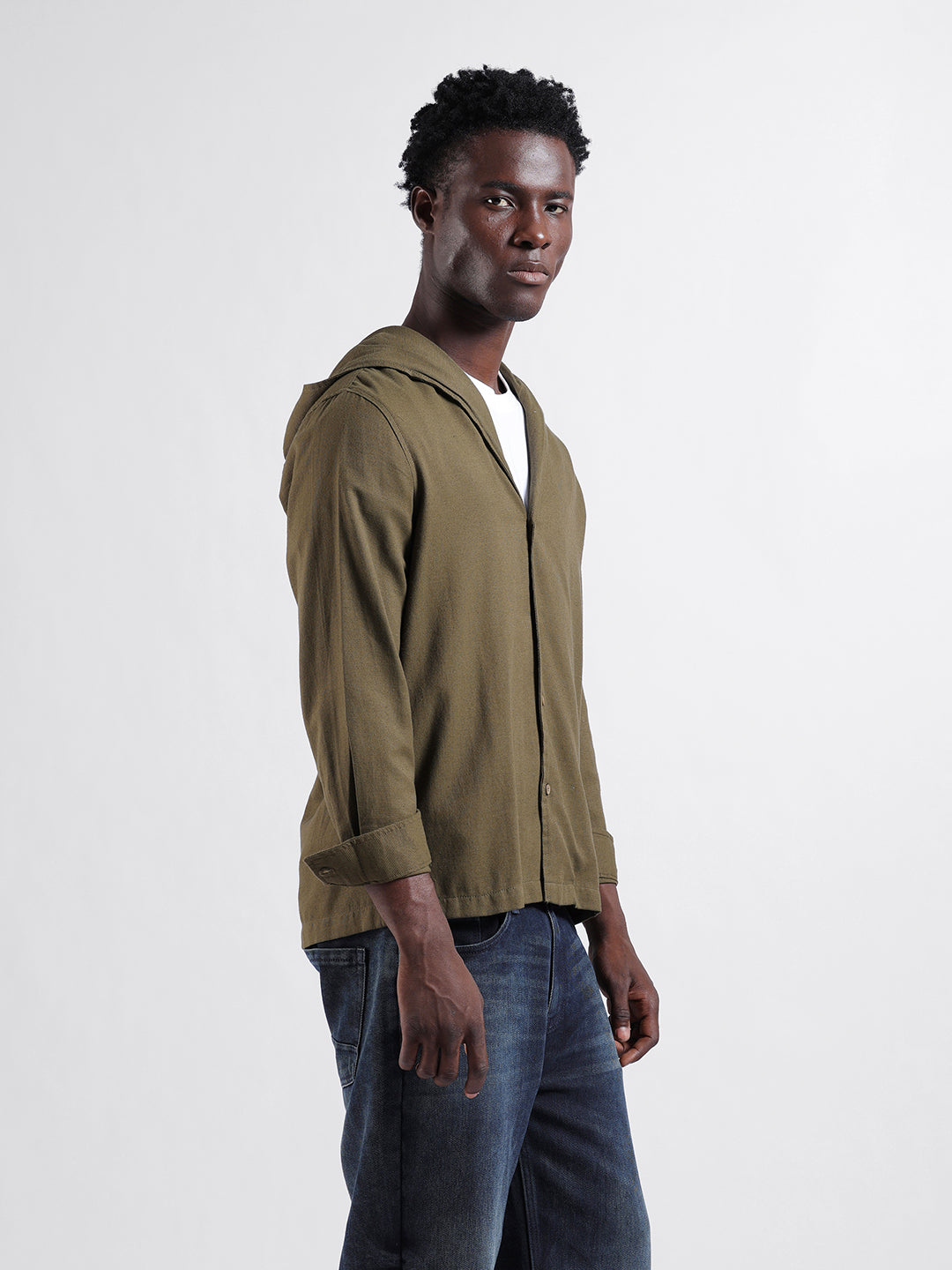 Men's Olive Regular Fit Solid Bohemian Shirt