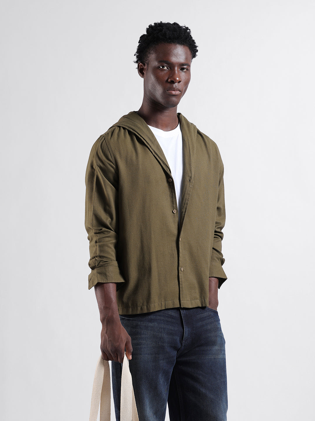Men's Olive Regular Fit Solid Bohemian Shirt