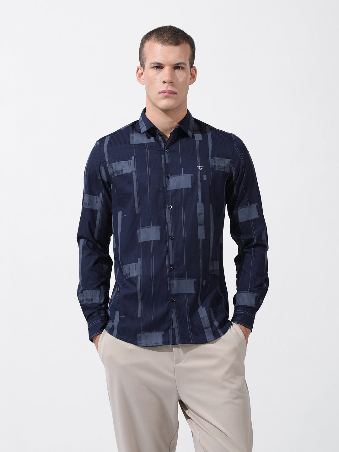 Men's Navy Blue Slim Fit Printed Party Wear Shirt