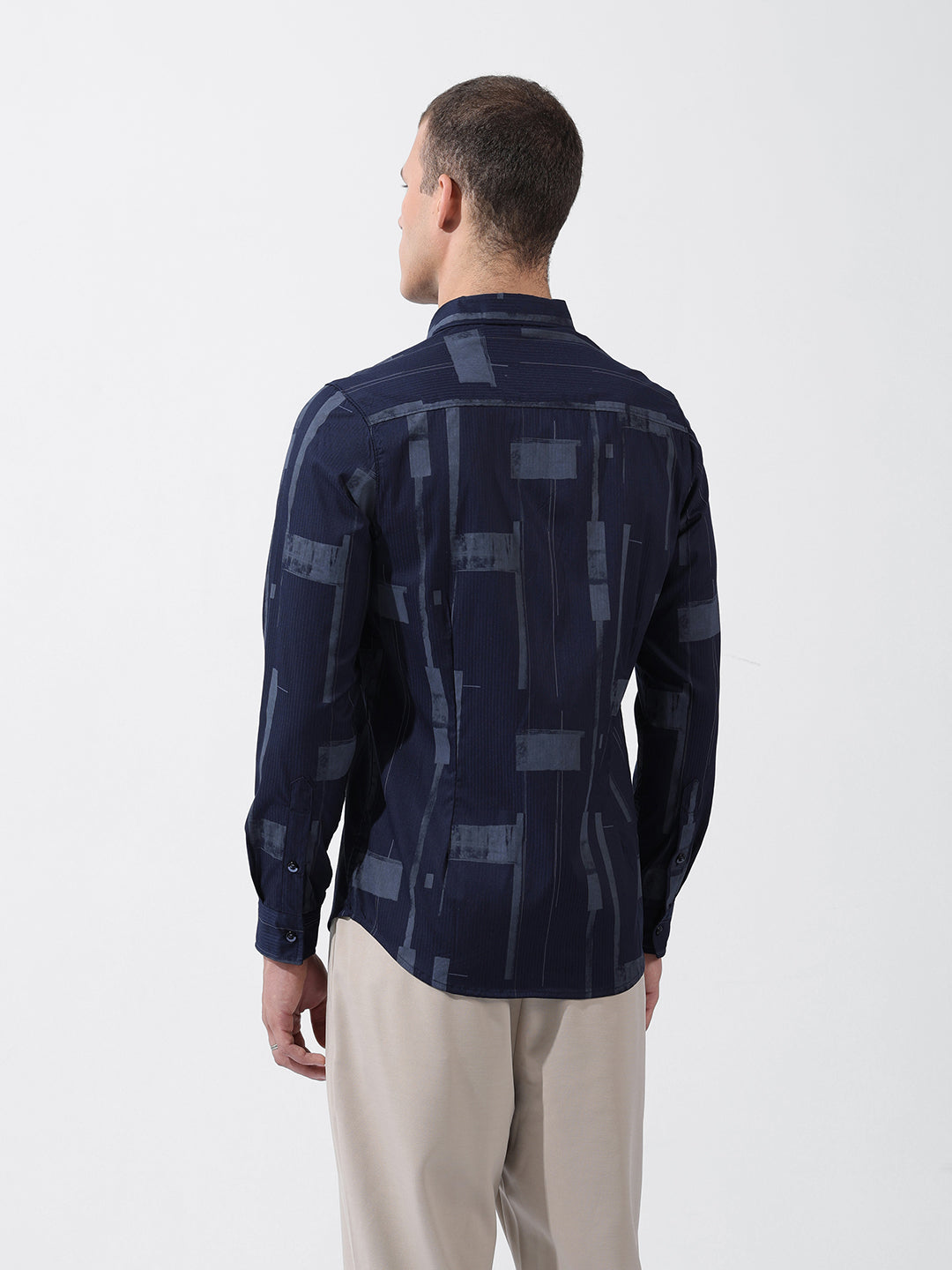 Men's Navy Blue Slim Fit Printed Party Wear Shirt
