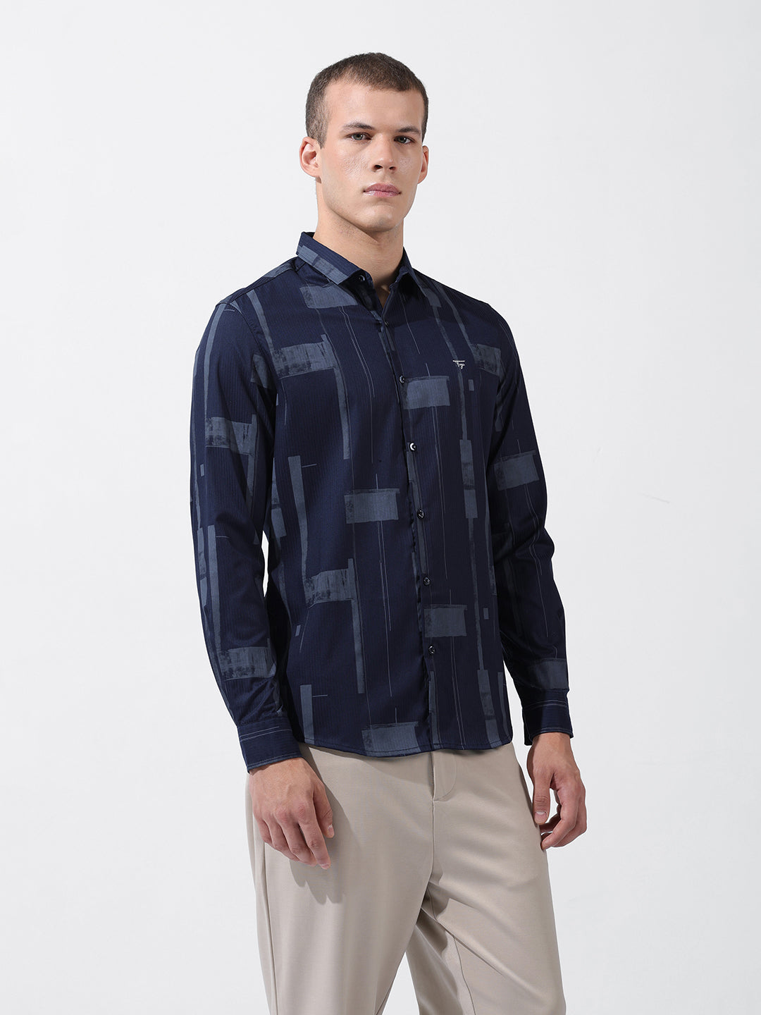 Men's Navy Blue Slim Fit Printed Party Wear Shirt