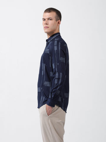 Men's Navy Blue Slim Fit Printed Party Wear Shirt