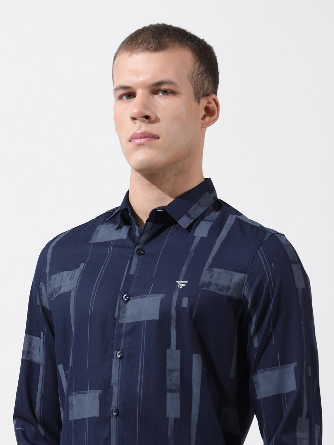 Men's Navy Blue Slim Fit Printed Party Wear Shirt