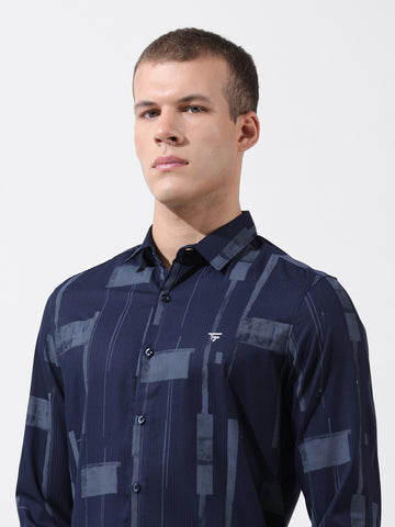 Men's Navy Blue Slim Fit Printed Party Wear Shirt