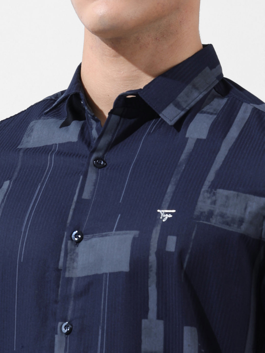 Men's Navy Blue Slim Fit Printed Party Wear Shirt
