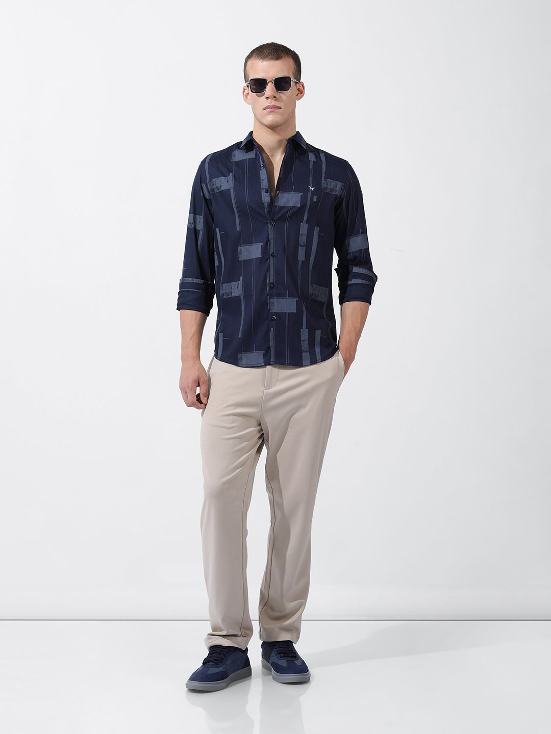 Men's Navy Blue Slim Fit Printed Party Wear Shirt