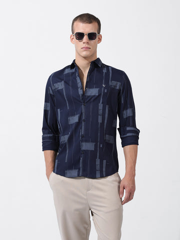 Men's Navy Blue Slim Fit Printed Party Wear Shirt