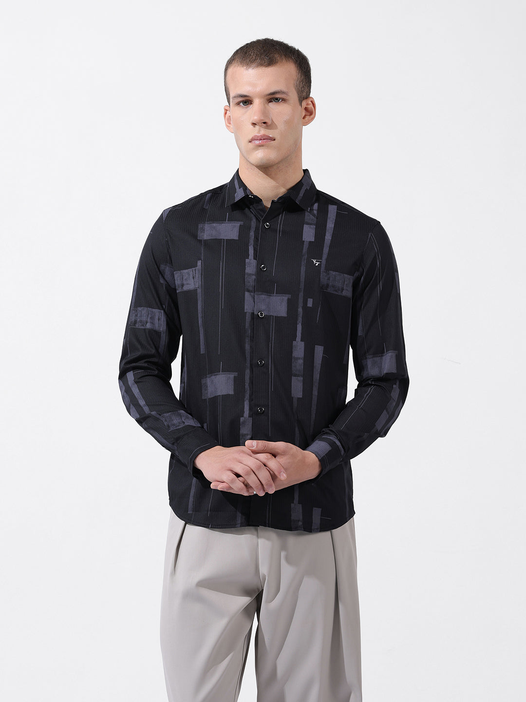 Men's Black Slim Fit Printed Party Wear Shirt