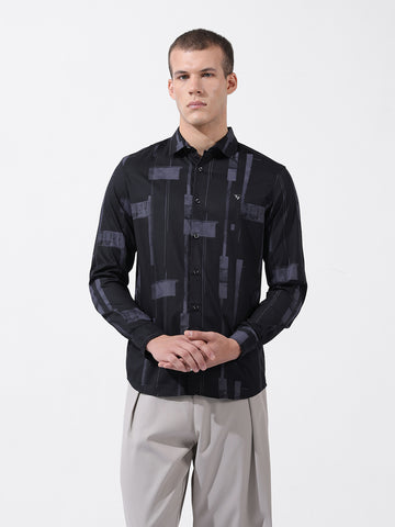 Men's Black Slim Fit Printed Party Wear Shirt
