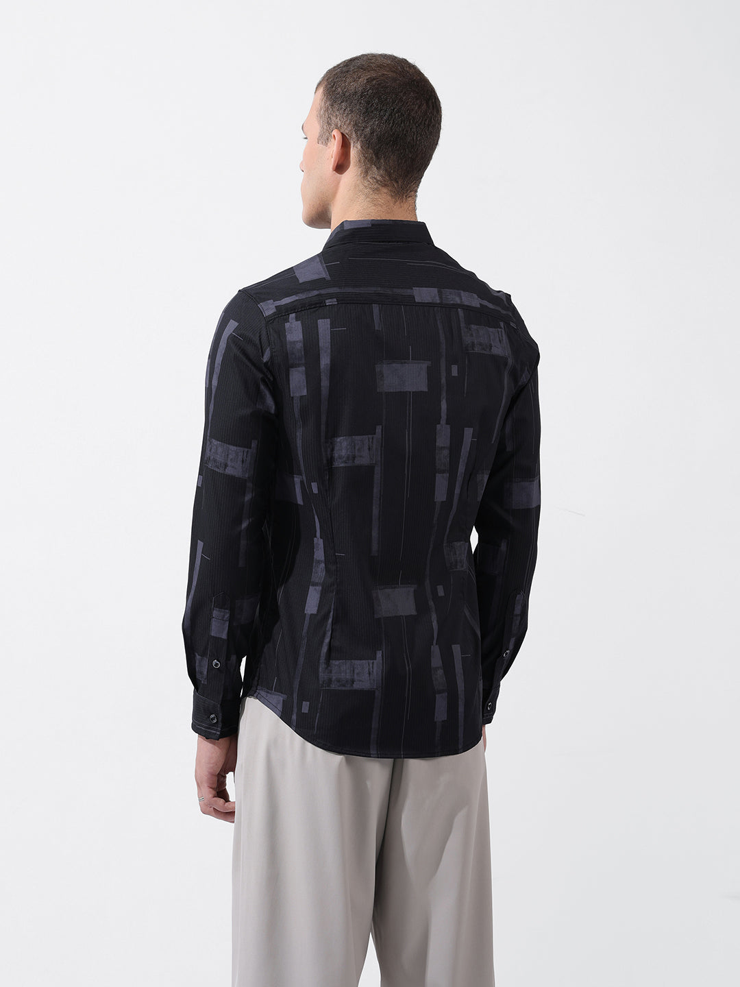 Men's Black Slim Fit Printed Party Wear Shirt