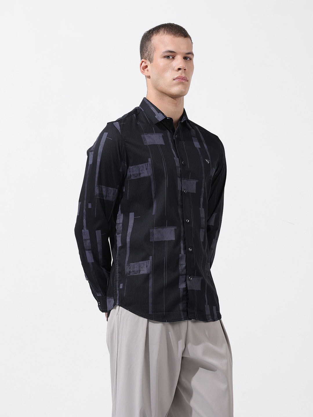 Men's Black Slim Fit Printed Party Wear Shirt