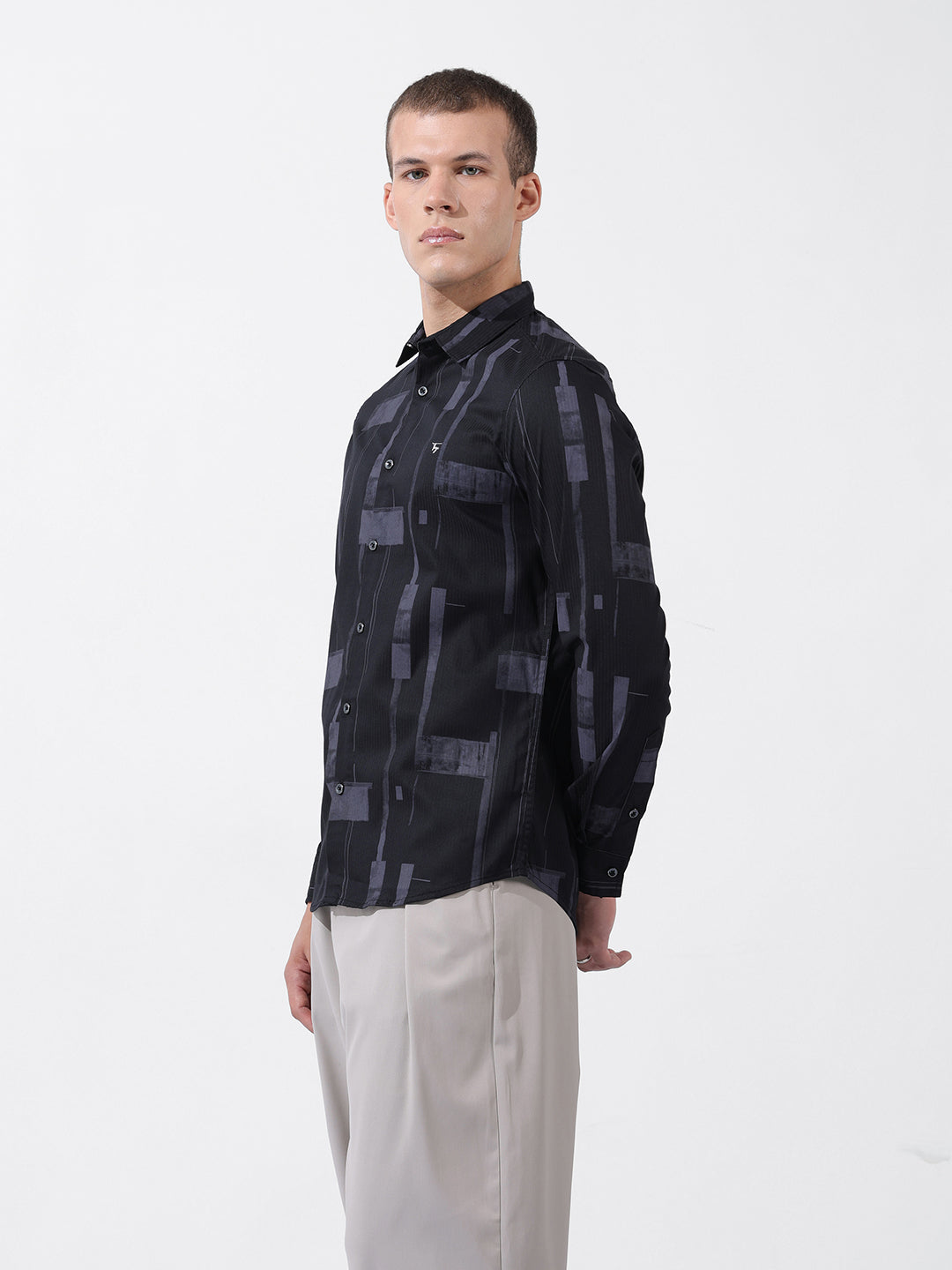 Men's Black Slim Fit Printed Party Wear Shirt