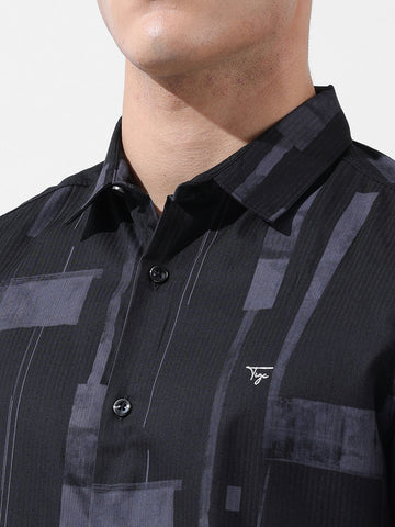Men's Black Slim Fit Printed Party Wear Shirt