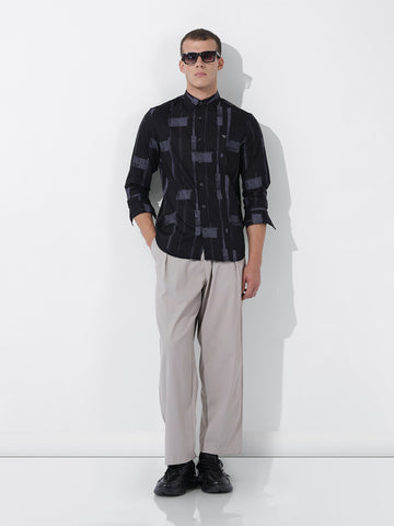 Men's Black Slim Fit Printed Party Wear Shirt