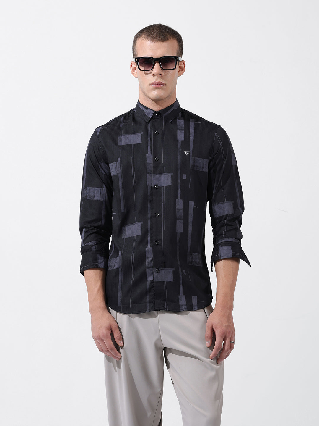 Men's Black Slim Fit Printed Party Wear Shirt