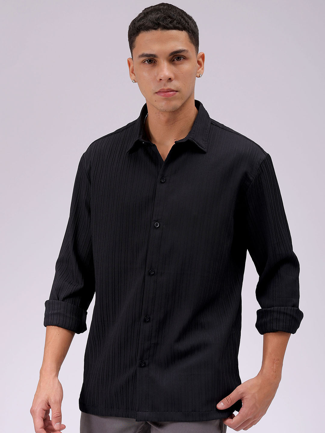 Men's Black Relaxed Fit Solid Resortwear Shirt