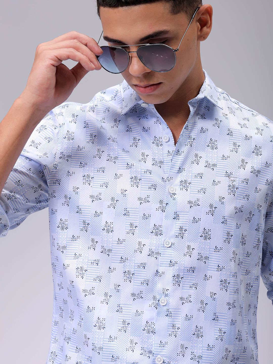 Men's Blue Slim Fit Geometric Printed Partywear Shirt