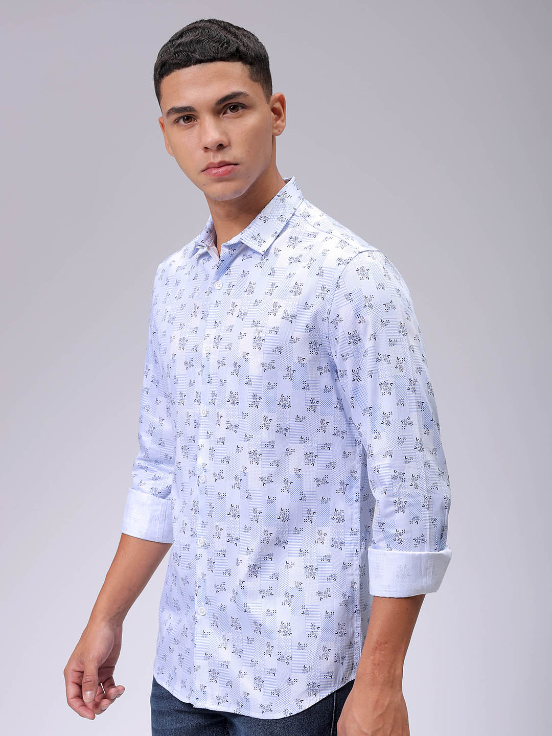 Men's Blue Slim Fit Geometric Printed Partywear Shirt