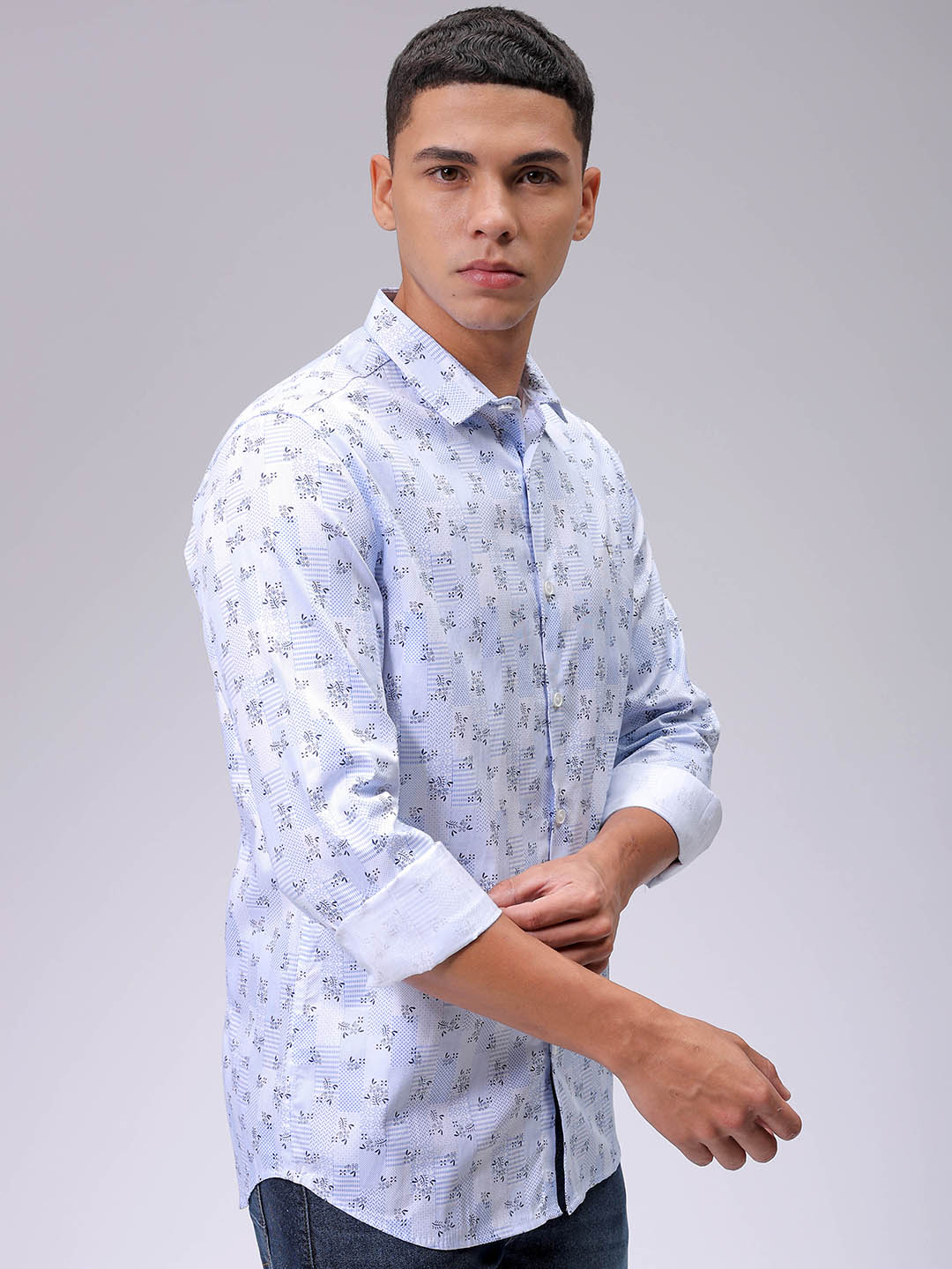 Men's Blue Slim Fit Geometric Printed Partywear Shirt