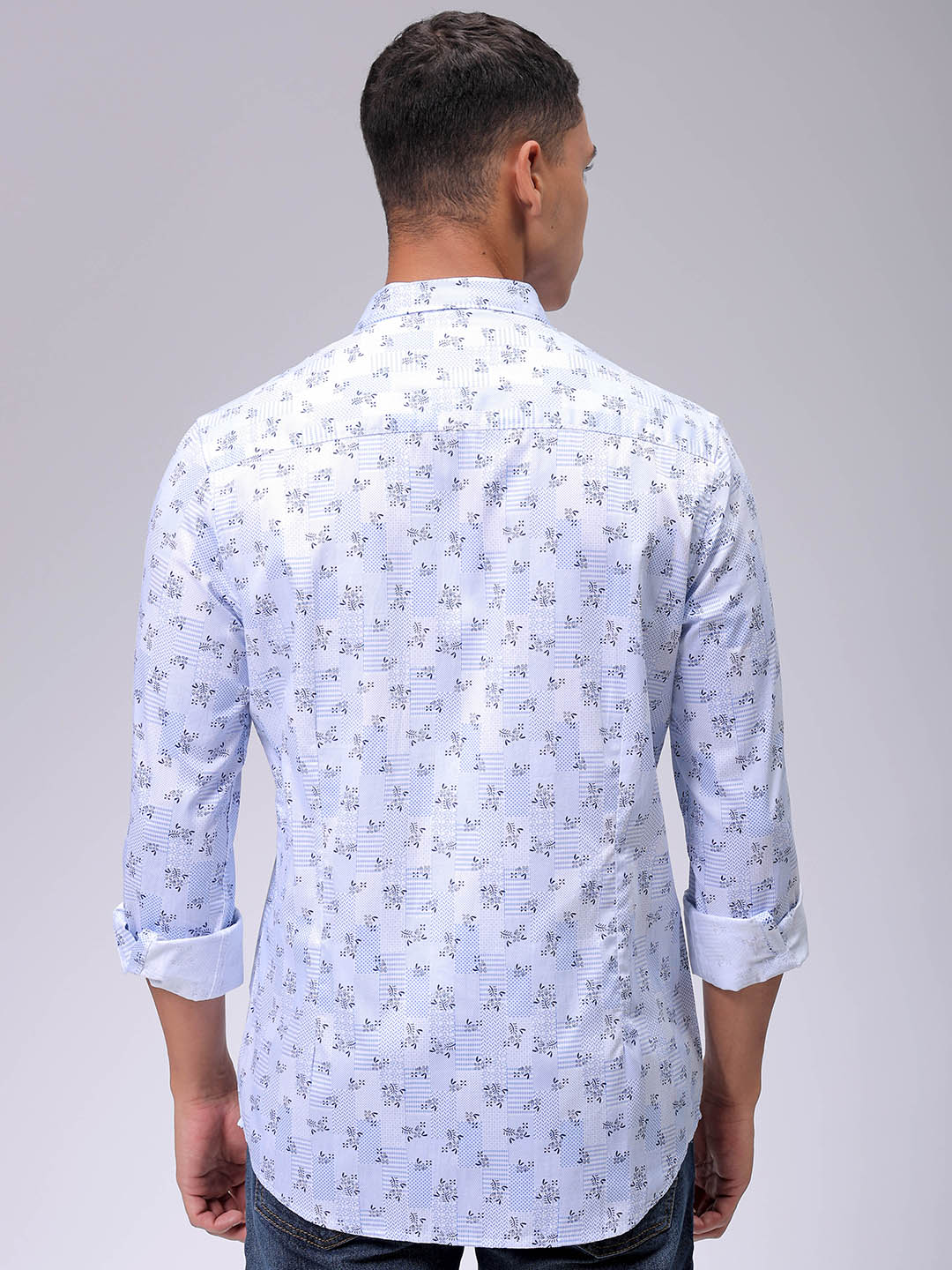 Men's Blue Slim Fit Geometric Printed Partywear Shirt