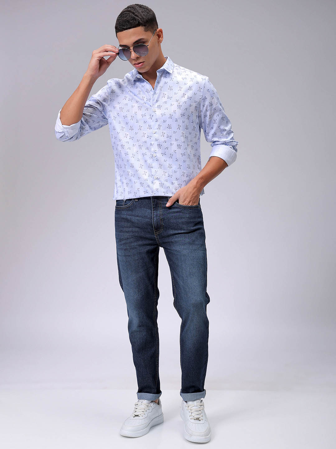 Men's Blue Slim Fit Geometric Printed Partywear Shirt