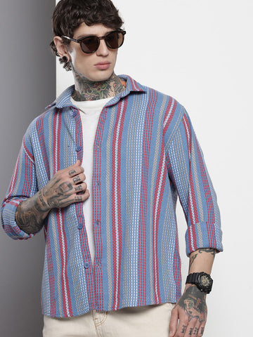 Men's Blue Relaxed Fit Striped Textured Shirt