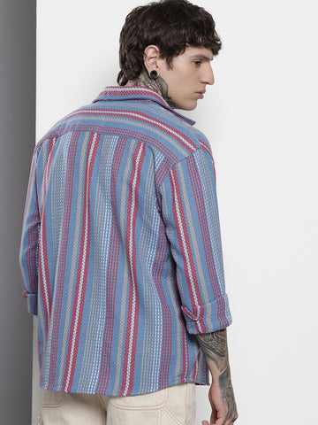 Men's Blue Relaxed Fit Striped Textured Shirt