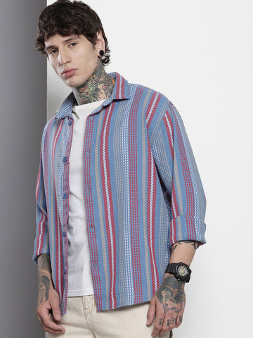 Men's Blue Relaxed Fit Striped Textured Shirt